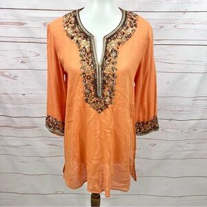 Calypso St. Barth Soft Coral Boho Antique Gold Beaded Sequin Tunic Top
